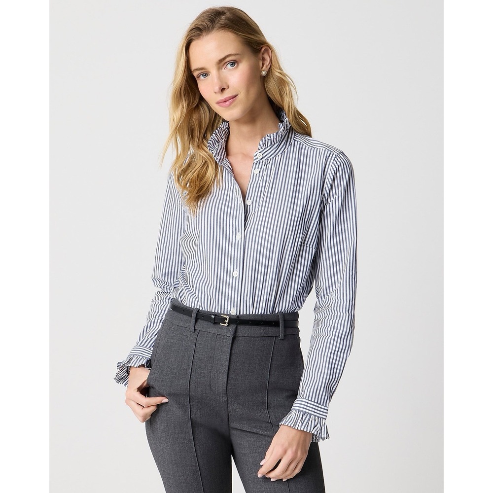J. Crew Factory Ruffle Mock Neck Striped Button Down Blouse Size 2X